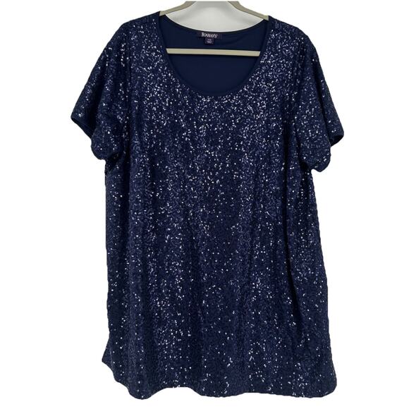 Roamans Blue Sequins Top Blouse Short Sleeve Stretch Scoop Neck Size 22W - Picture 1 of 9
